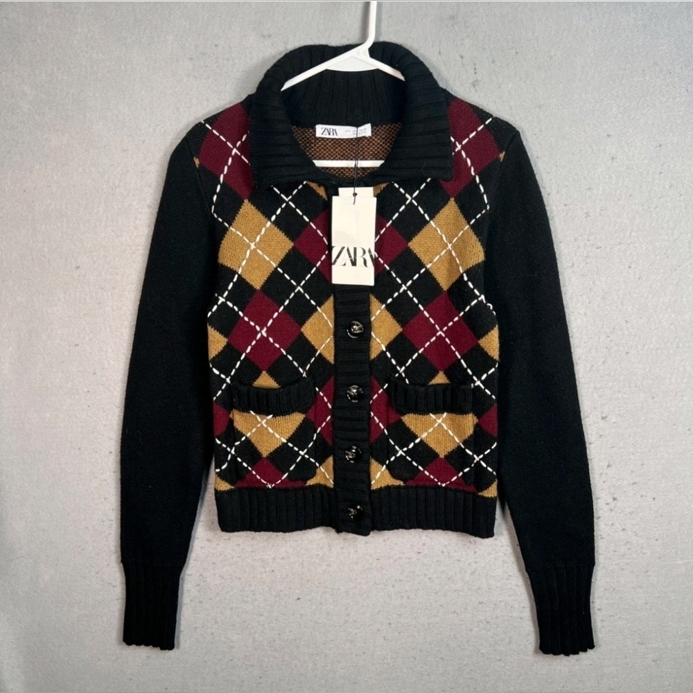 Zara Women's Argyle Cardigan - Black, Red, Gold